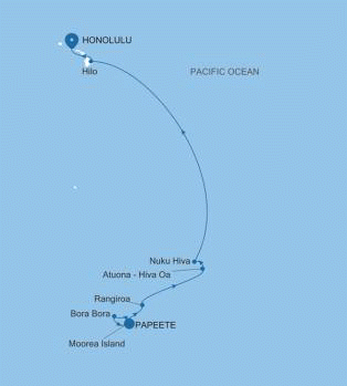 Silversea Cruises Silver Whisper Map 2026 Papeete (Tahiti) to Honolulu, Oahu, Hawaii