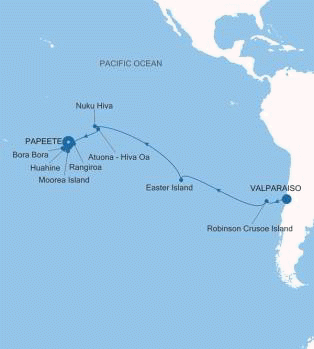 Silversea Cruises Silver Whisper Map 2026 Valparaiso to Papeete (Tahiti)