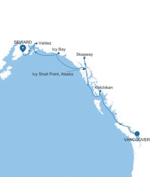 Silversea Cruises Silver Whisper Map 2026 Vancouver to Seward (Anchorage, Alaska)