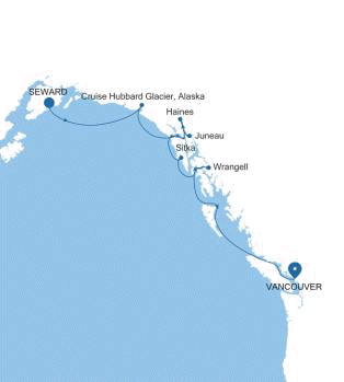 Map of preserved Silver Whisper voyage WH260716007 from Seward (Anchorage, Alaska) to Vancouver