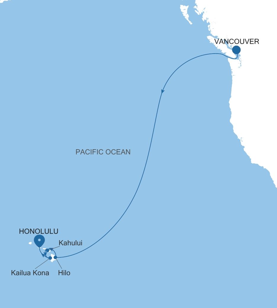 Silver Whisper Vancouver to Honolulu, Oahu, Hawaii voyage WH260903010 itinerary map