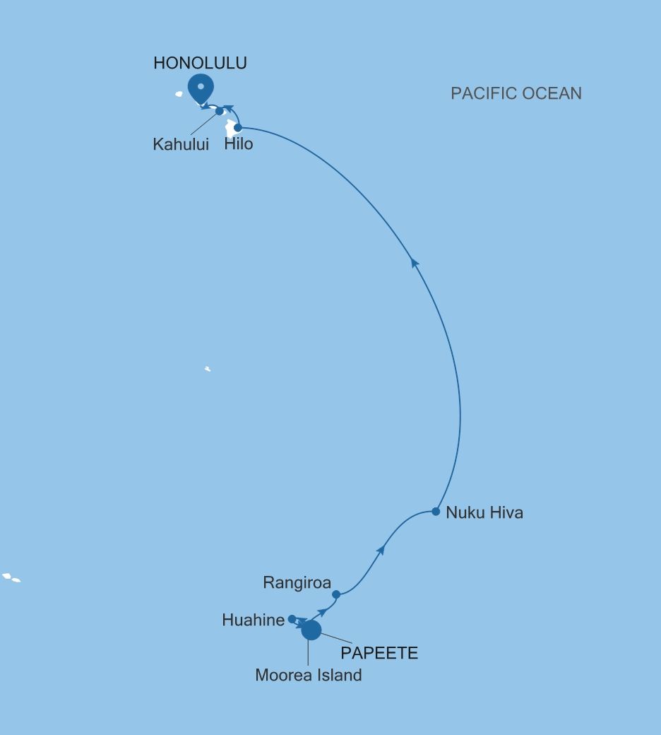Silver Whisper Papeete (Tahiti) to Honolulu, Oahu, Hawaii voyage WH270418014 itinerary map
