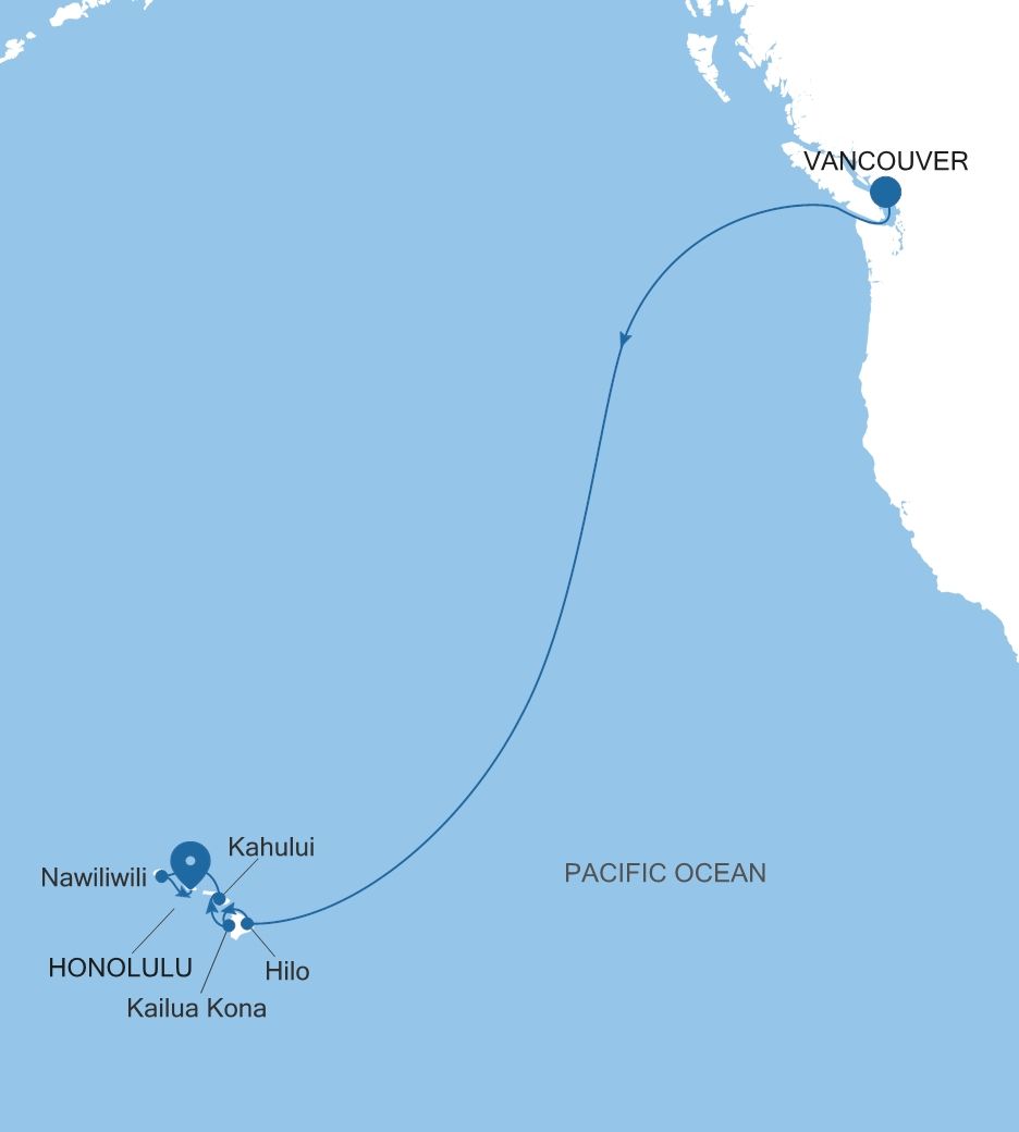 Silver Whisper Vancouver to Honolulu, Oahu, Hawaii voyage WH270909011 itinerary map