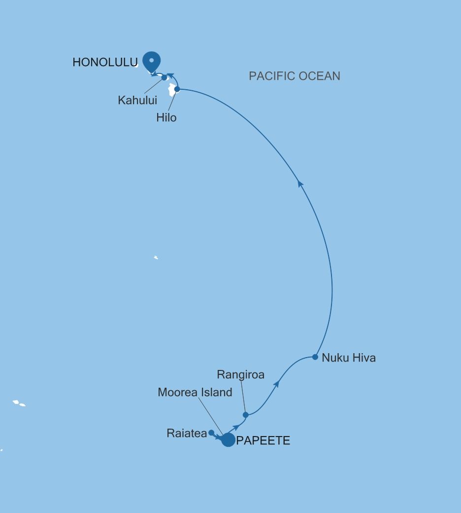 Silver Whisper Papeete (Tahiti) to Honolulu, Oahu, Hawaii voyage WH280507014 itinerary map