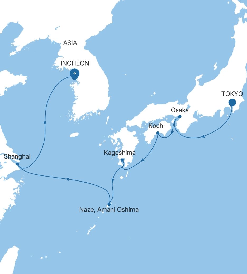 Silver Whisper Tokyo to Incheon (Seoul) voyage WH280618013 itinerary map