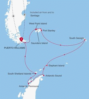 Silversea Cruises Silver Wind Expedition Map 2026 Puerto Williams to Puerto Williams