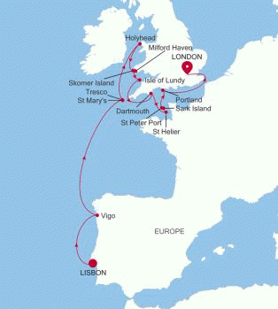 Silversea Cruises Silver Wind Expedition Map 2026 Lisbon to London (Tower Bridge)