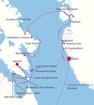 Silversea Cruises Silver Wind Expedition Map 2026 Iqaluit (Nunavut) to Nuuk (Godthab)