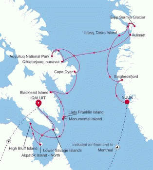 Silversea Cruises Silver Wind Expedition Map 2026 Nuuk (Godthab) to Iqaluit (Nunavut)