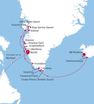 Silversea Cruises Silver Wind Expedition Map 2026 Reykjavik to Nuuk (Godthab)