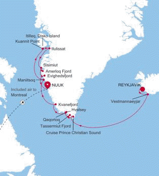 Silversea Cruises Silver Wind Expedition Map 2026 Reykjavik to Nuuk (Godthab)