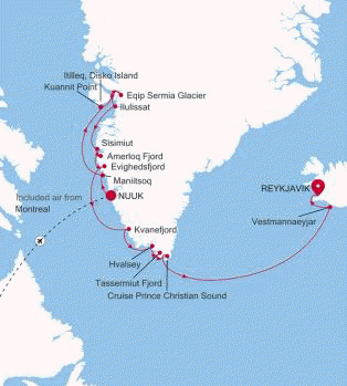 Silversea Cruises Silver Wind Expedition Map 2026 Nuuk (Godthab) to Reykjavik