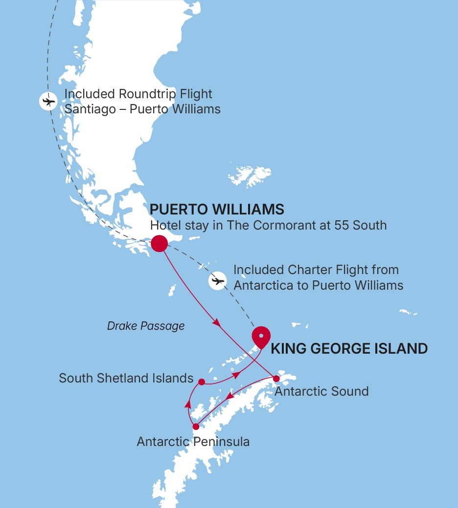 Silver Wind Puerto Williams to King George Island voyage WI271122009 itinerary map