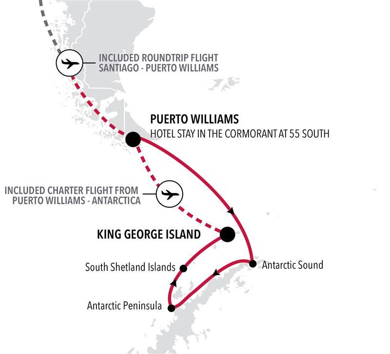 Silver Wind Puerto Williams to King George Island voyage WI271228009 itinerary map