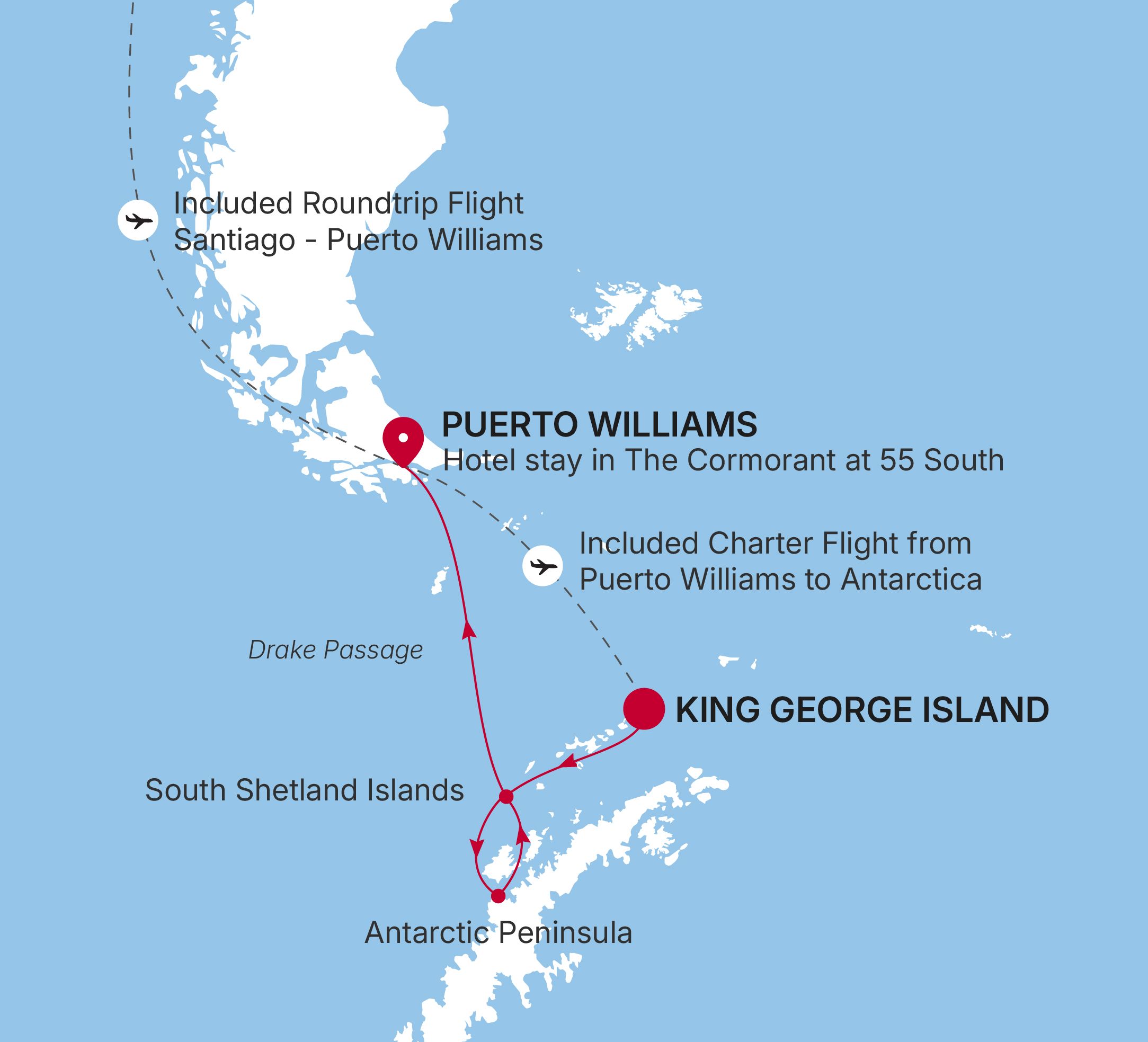Silver Wind King George Island to Puerto Williams voyage WI290120009 itinerary map