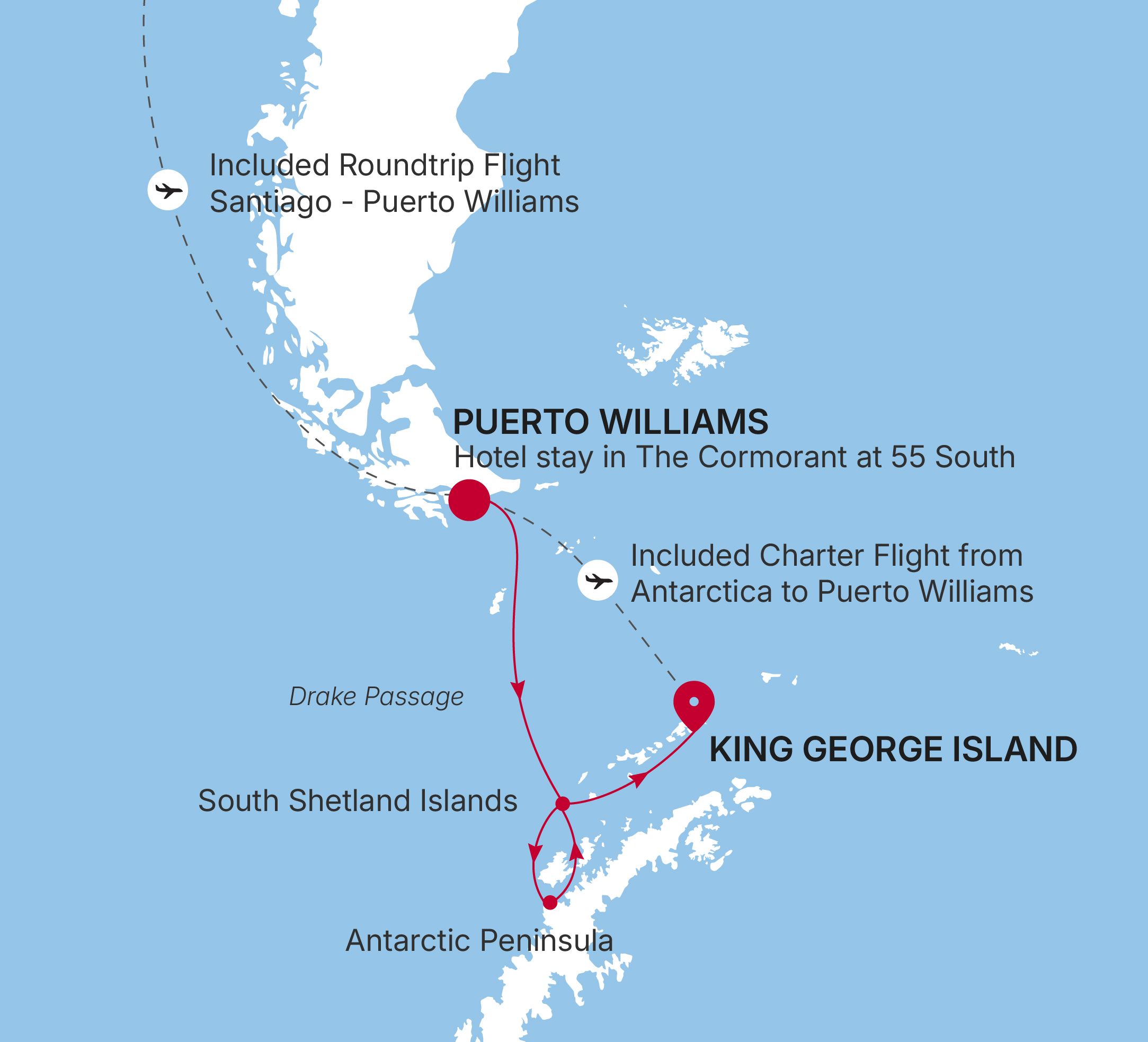 Silver Wind Puerto Williams to King George Island voyage WI290222009 itinerary map