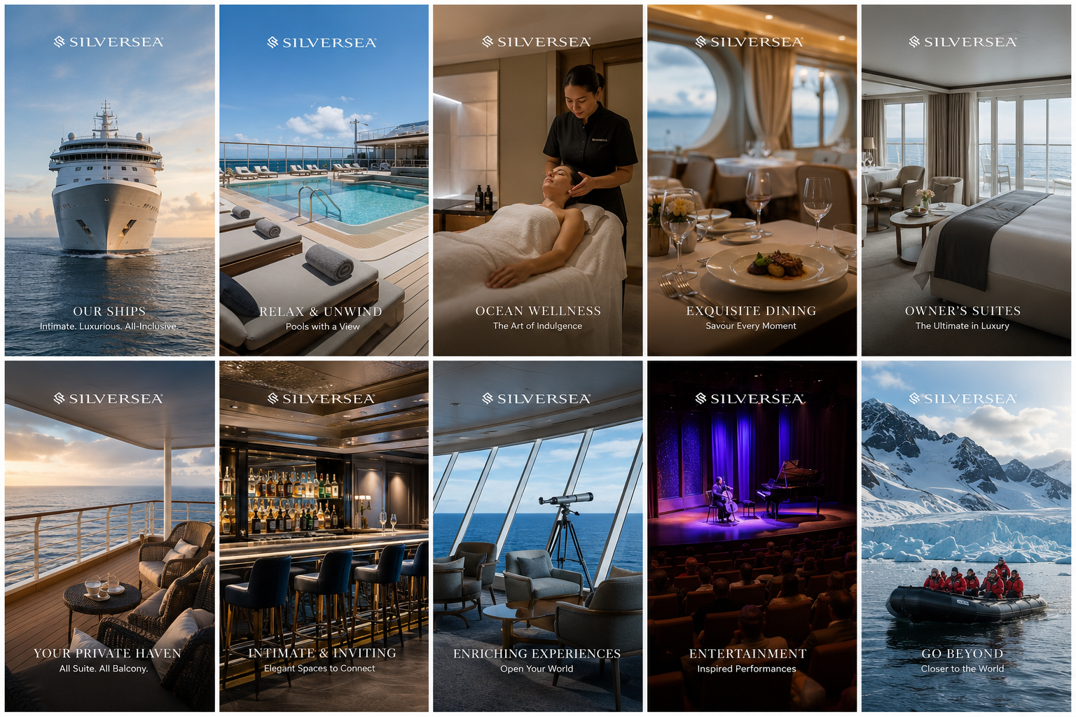 Silversea luxury cruise ships, suites, dining, wellness, entertainment, and expedition travel with Deluxe Cruises