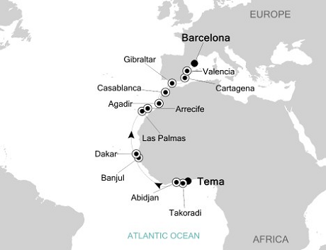 Luxury Cruises Just Silversea Silver Cloud March 16 April 1 2026 Accra to Barcelona