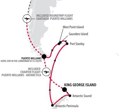 Silversea Cruises Silver Endeavour Map 2027 World CruiseKing George Island to Puerto Williams