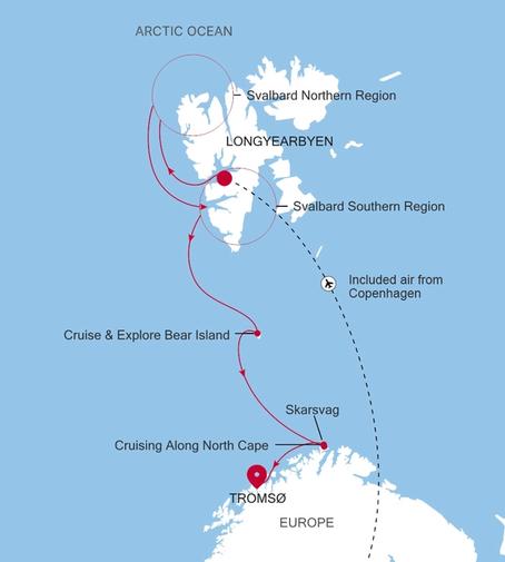 Silver Endeavour Longyearbyen to Tromsø voyage EV270613009 itinerary map