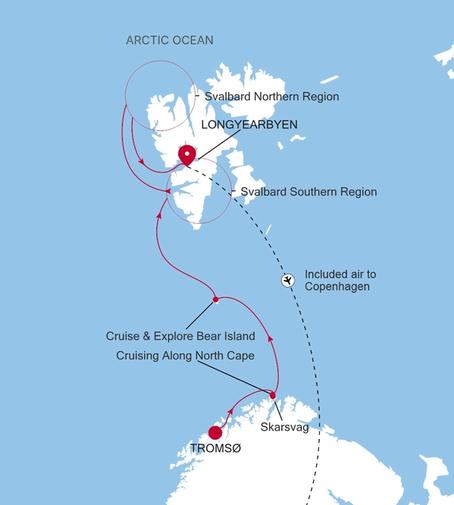 Silver Endeavour Tromsø to Longyearbyen voyage EV270622009 itinerary map