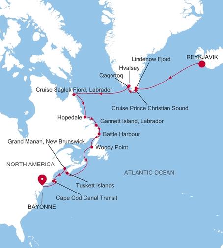 Silver Endeavour Reykjavik to Bayonne, New Jersey voyage EV270907015 itinerary map