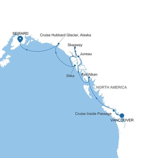 Silver Moon Vancouver to Seward (Anchorage, Alaska) voyage MO270610007 itinerary map