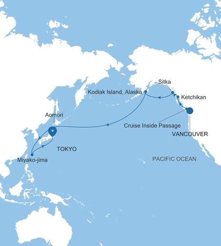 Silver Moon Vancouver to Tokyo voyage MO270902016 itinerary map