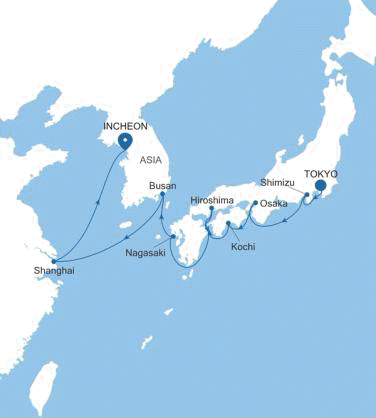 Silversea Cruises Silver Muse 2028 World Cruise Map Tokyo to Incheon (Seoul)