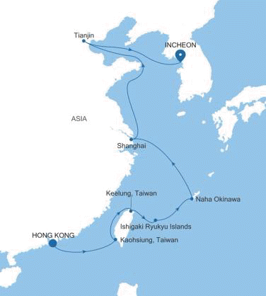 Silversea Cruises Silver Muse 2028 World Cruise Map Hong Kong to Incheon (Seoul)