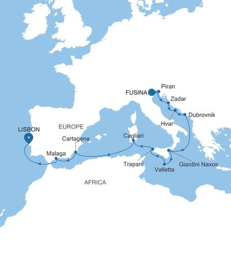 Silver Muse Fusina (Venice) to Lisbon voyage SM261007014 itinerary map