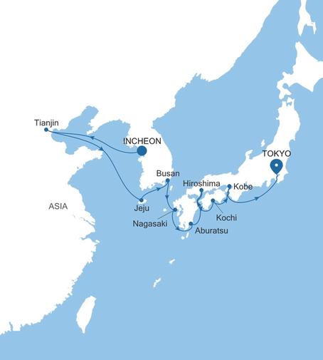 Silver Muse Incheon (Seoul) to Tokyo voyage SM270607014 itinerary map