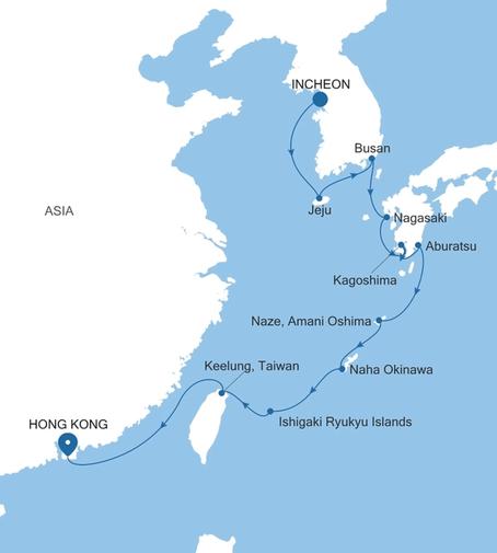 Silver Muse Incheon (Seoul) to Hong Kong voyage SM271025013 itinerary map
