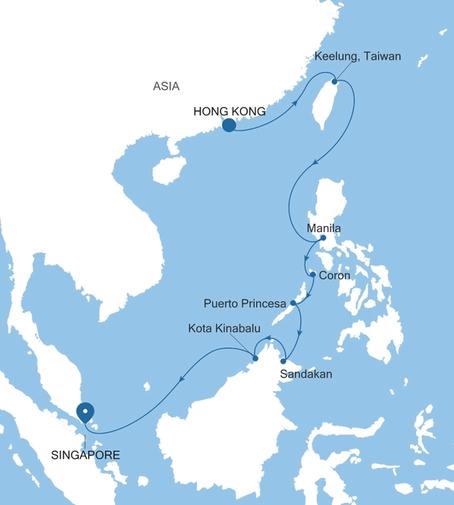Silver Muse Hong Kong to Singapore voyage SM280128014 itinerary map