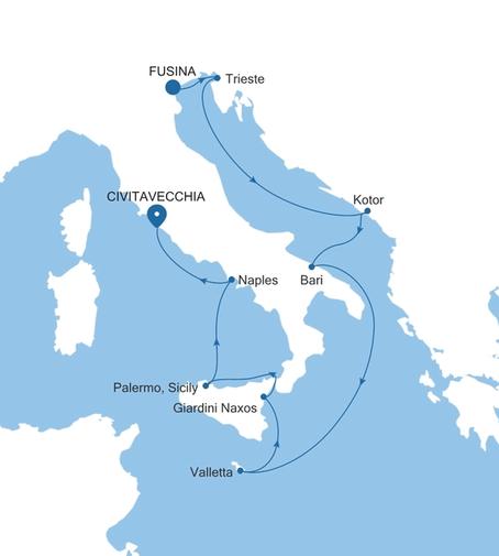Silver Nova Fusina (Venice) to Civitavecchia (Rome) voyage SN261113010 itinerary map