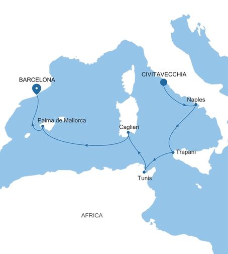 Silver Nova Civitavecchia (Rome) to Barcelona voyage SN261123007 itinerary map