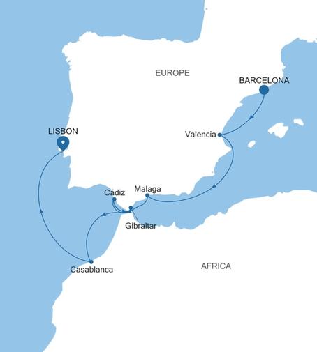 Silver Nova Barcelona to Lisbon voyage SN261130009 itinerary map