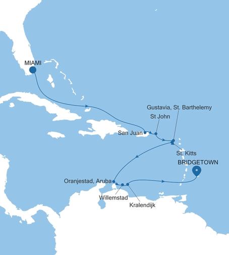 Silver Nova Miami, FL to Bridgetown voyage SN270106012 itinerary map