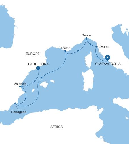 Silver Nova Barcelona to Civitavecchia (Rome) voyage SN271114007 itinerary map