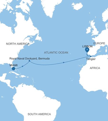 Silver Nova Miami, FL to Lisbon voyage SN280304014 itinerary map