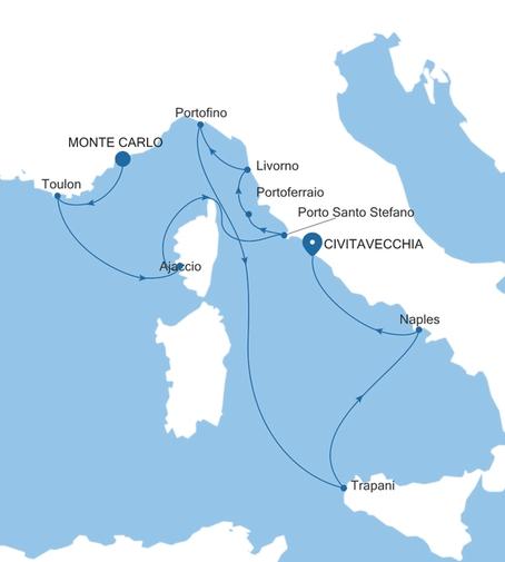 Silver Ray Italy & the French Riviera Featuring Portofino voyage RA261008010 itinerary map