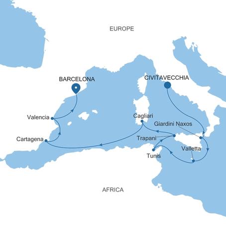 Silver Ray Italy, Malta & Spain Featuring Sicily voyage RA261018011 itinerary map