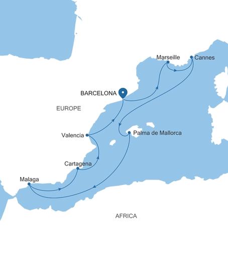 Silver Ray Spain & the French Riviera Featuring Valencia voyage RA261029010 itinerary map