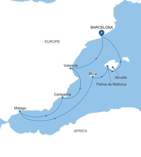 Silver Ray Spain Featuring Ibiza & Mallorca voyage RA270424008 itinerary map