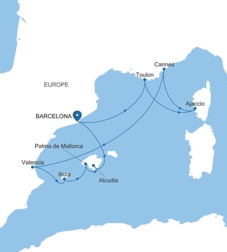 Silver Ray Spain & the French Riviera Featuring Mallorca voyage RA270512009 itinerary map