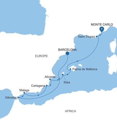 Silver Ray Spain Featuring Ibiza & Saint-Tropez voyage RA270608010 itinerary map