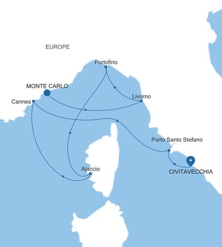 Silver Ray Italy & the French Riviera Featuring Portofino voyage RA270710007 itinerary map