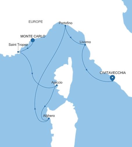 Silver Ray Italy & the French Riviera Featuring Portofino voyage RA270821007 itinerary map