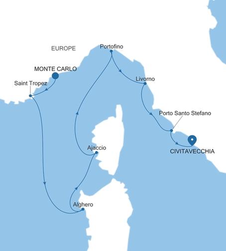 Silver Ray Italy & the French Riviera Featuring Portofino voyage RA270911008 itinerary map