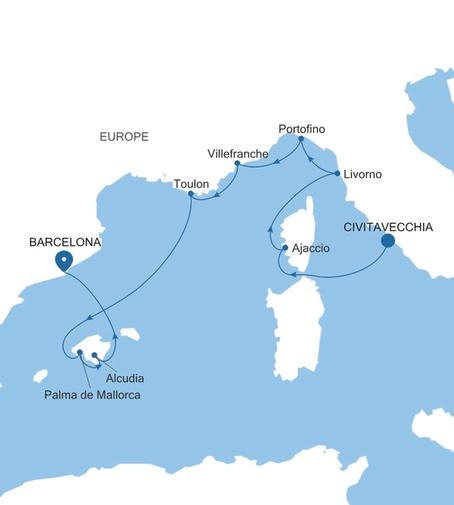 Silver Ray France, Italy & Spain Featuring Portofino voyage RA270919009 itinerary map